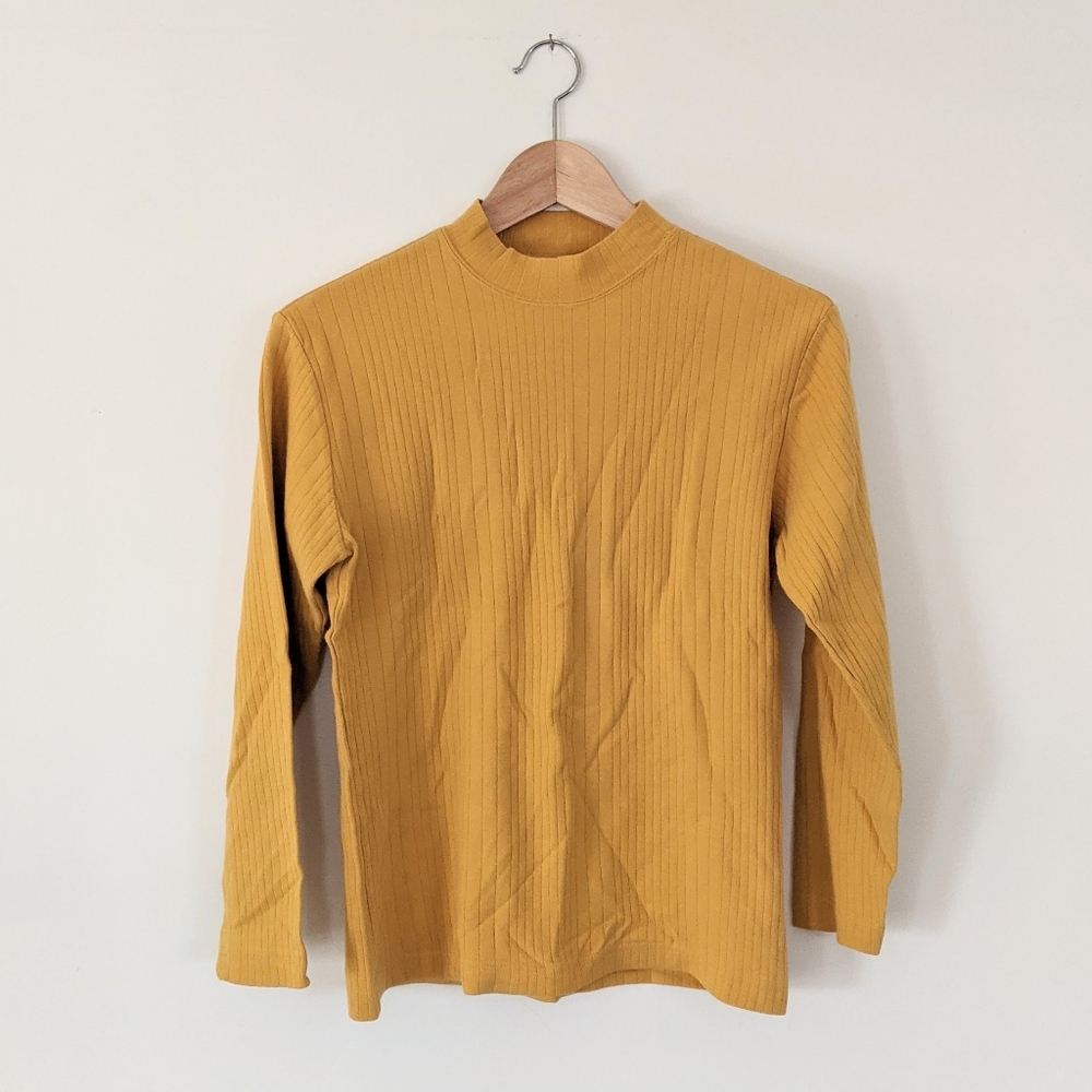 90s Vintage ESPRIT 100% Cotton Yellow Ribbed Mock Neck Long Sleeve Tee Small